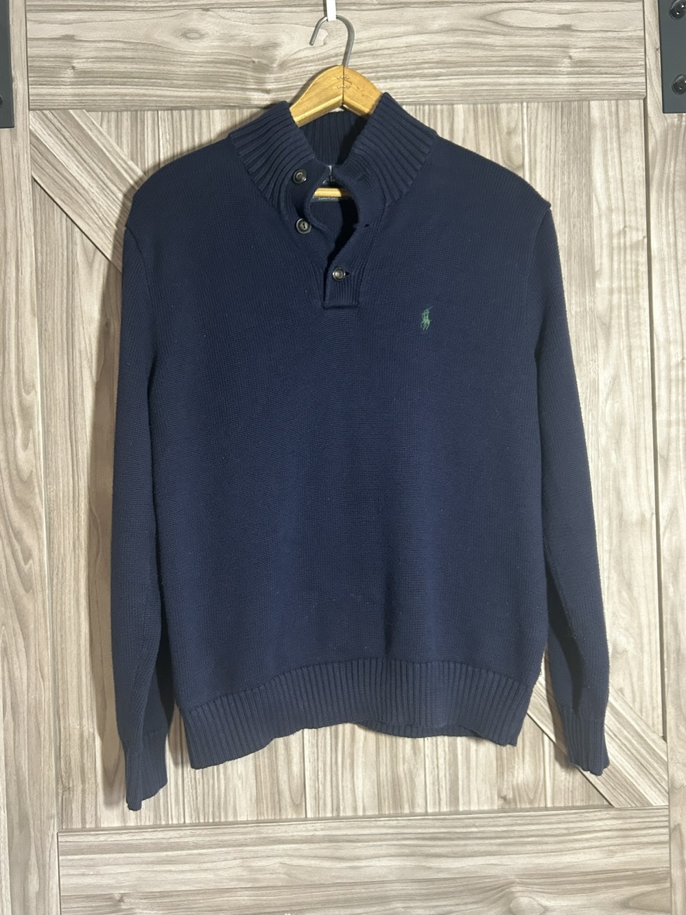 Vintage Polo Ralph Lauren Mock Neck Button Sweater Navy Blue Cotton Mens L